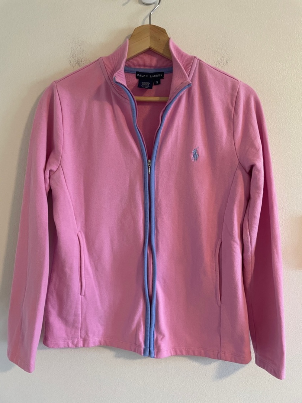 Ralph Lauren Logo Vintage Y2K Zip Up Sweatshirt‎ Women Size Small Baby Pink Blue